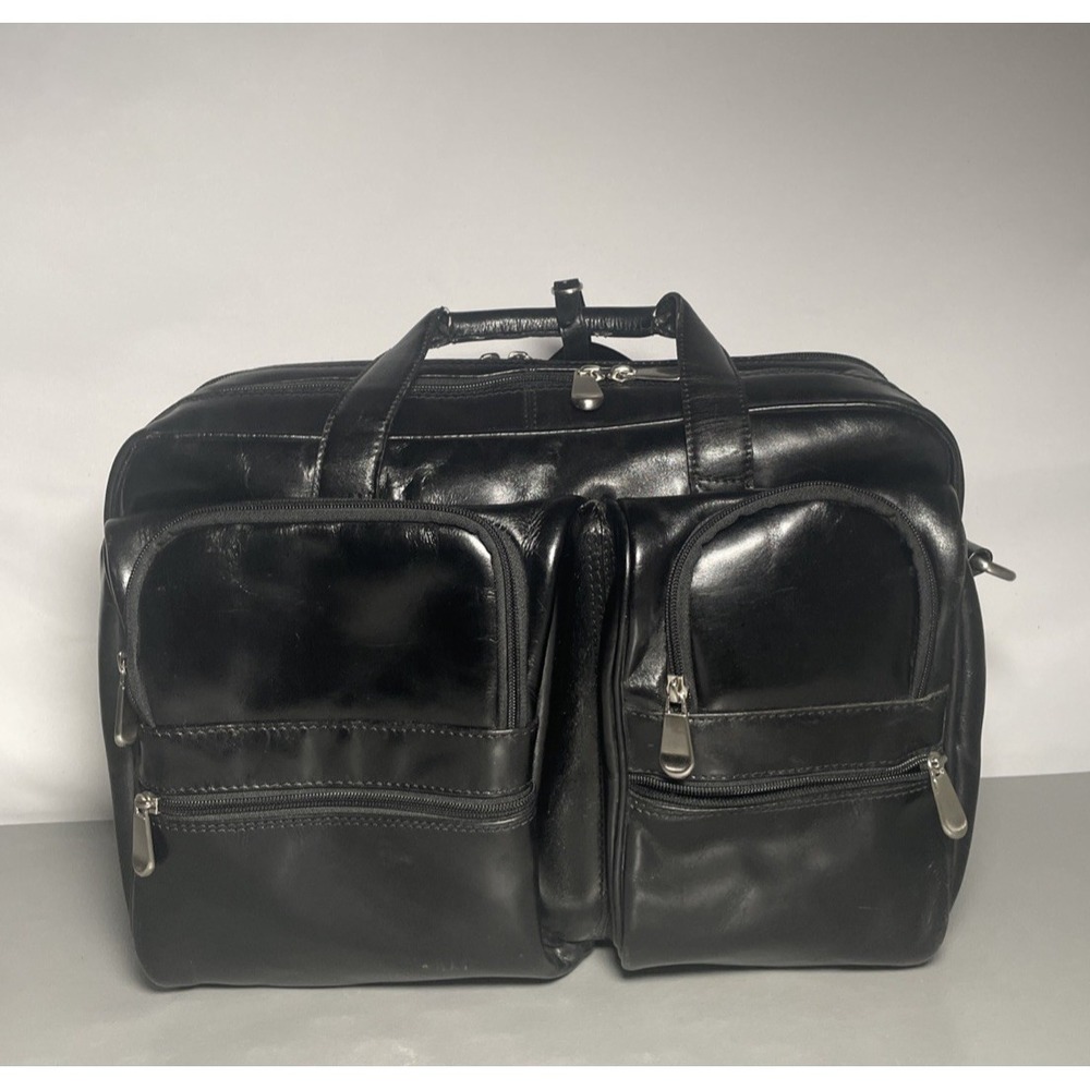 VINTAGE CANYON OUTBACK LEATHER GOODS BLACK LEATHER EXPANDABLE BRIEFCASE BAG